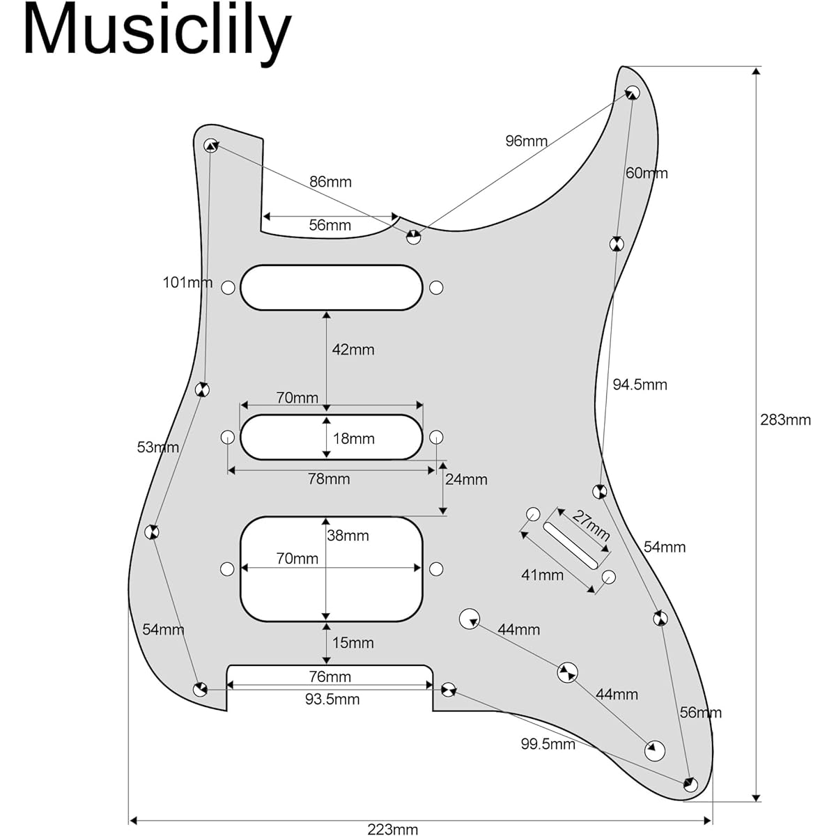 Musiclily Pro SSH Strat Prewired Pickguard with Artec Alnico 5 Pickup for ST Stratocaster Electric Guitar, Black 3P