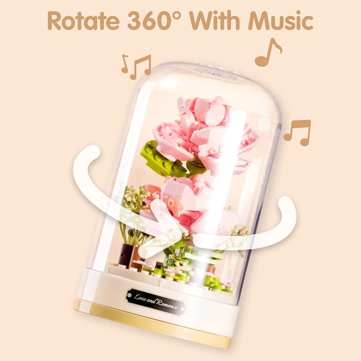 MEIEST Building Blocks Flower Bouquet Set with Music Box and Dustproof Dome, Artificial Particle Flower Collection, Construction Building Bricks Toys Home Decoration (Lily of the Valley)