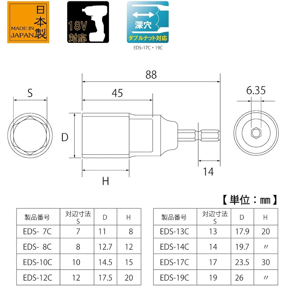 Top Industry (TOP) Compact socket for electric drill, set of 8, width across flats 7~19mm, case included, drill bit, construction hardware, power tool EDS-719CS, Tsubame-Sanjo, Made in Japan