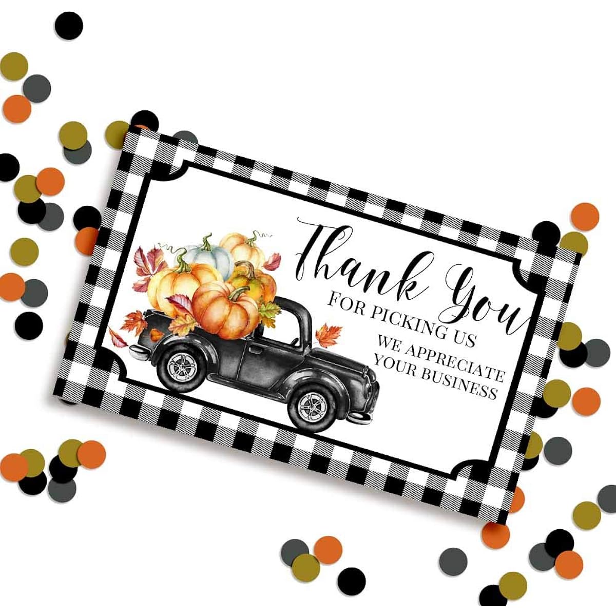AmandaCreation Pickup Truck Black Buffalo Plaid with Pumpkin Fall Theme Customer Thank You Small Business 2" x 3.5" 100 Single Sided Insert Cards