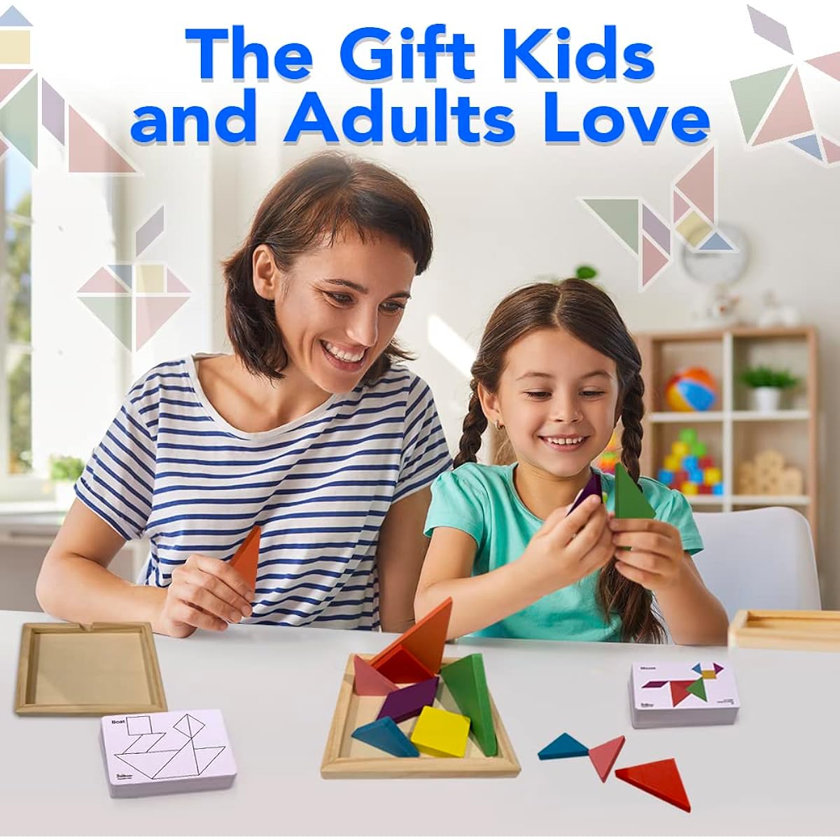 3 Bees & Me 2 Wooden Tangram Shapes Puzzle Toys with 52 Pattern Cards for Kids and Adults - Montessori Wood Toy, STEM Shape Puzzles Manipulatives Games, Educational Tangrams, Brain Logic Blocks