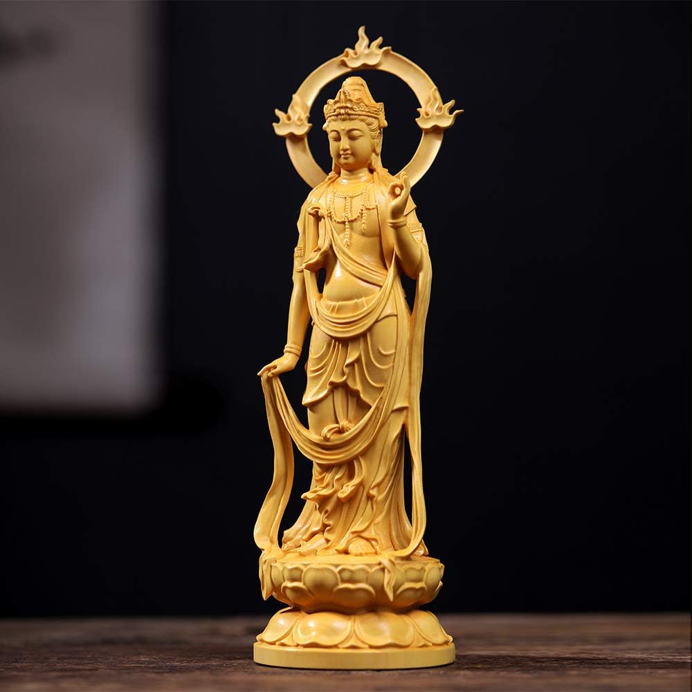 FunLo Hanro Art Sculpture Buddha Statue Buddhist Altar Statue Seishi Bodhisattva Wooden Sculpture Wood Carving Protective Principal Image Feng Shui Good Luck Tsuge Tree Handmade (Height 23cm x Width 7.6cm x Depth 5.7cm)
