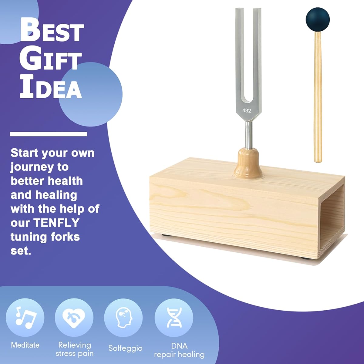 TENFLY 432Hz Tuning Fork with Wooden Box Aluminum Alloy for Sound Therapy Meditation Yoga