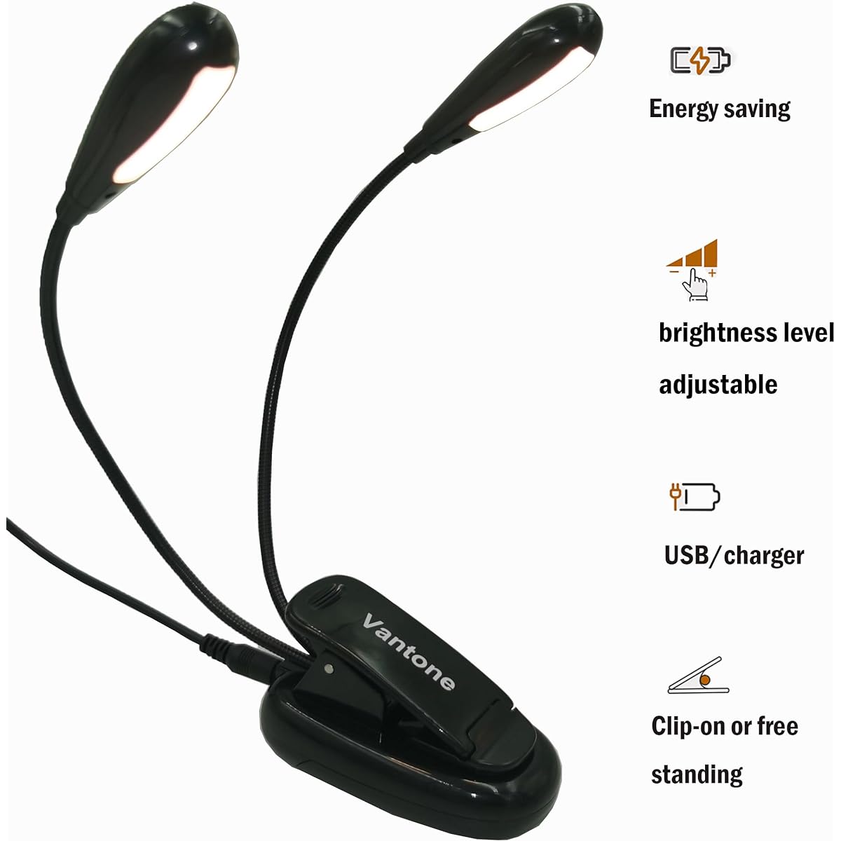 Music Stand Light Clip-on LED Book Light Dual Neck 6-LED Powered by USB and AAA Battery Portable Bedside Reading Light Adjustable Brightness Level