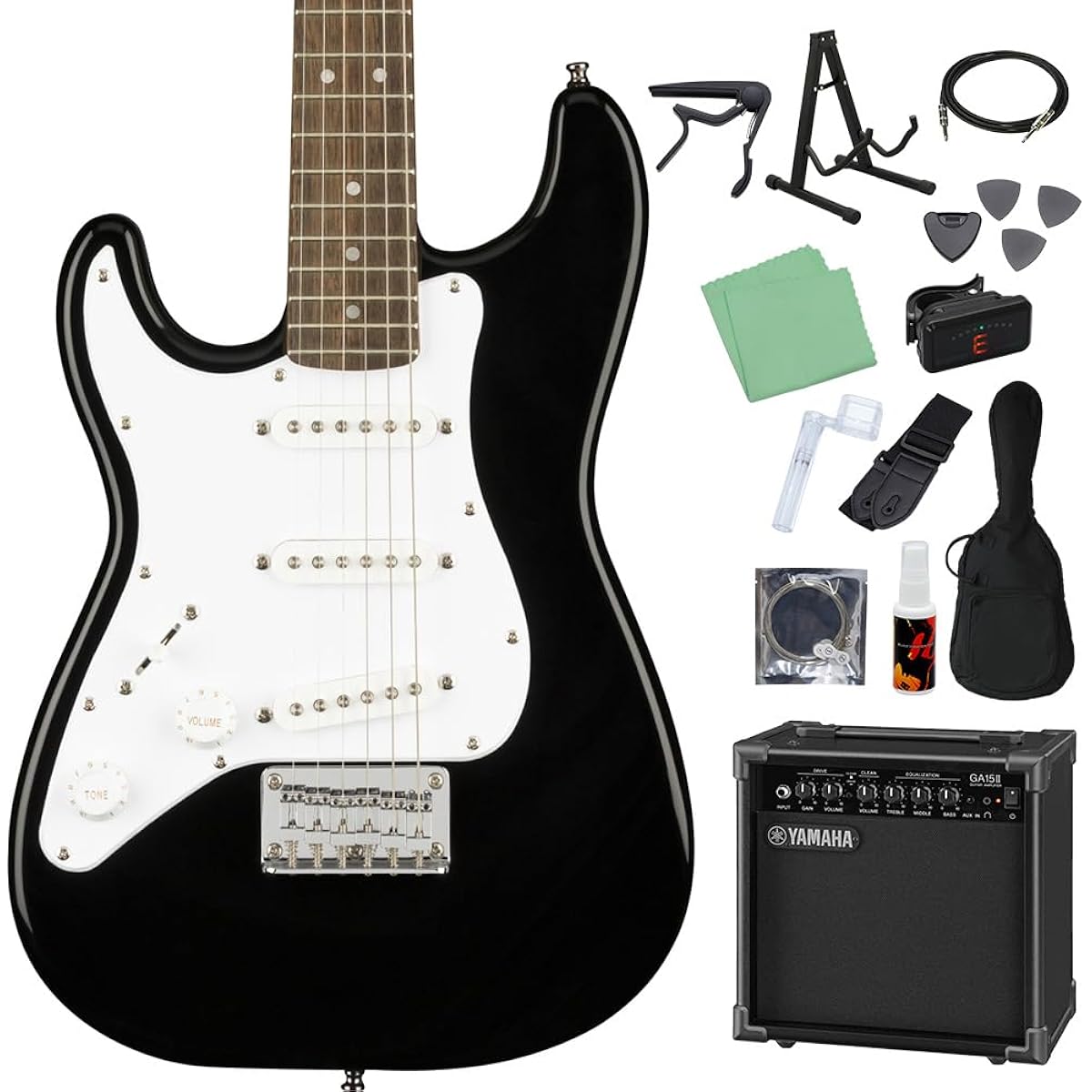 Squier by Fender Mini Stratocaster Left-Handed Black Electric Guitar Beginner 14-piece Set [GA15II Included] Mini Size
