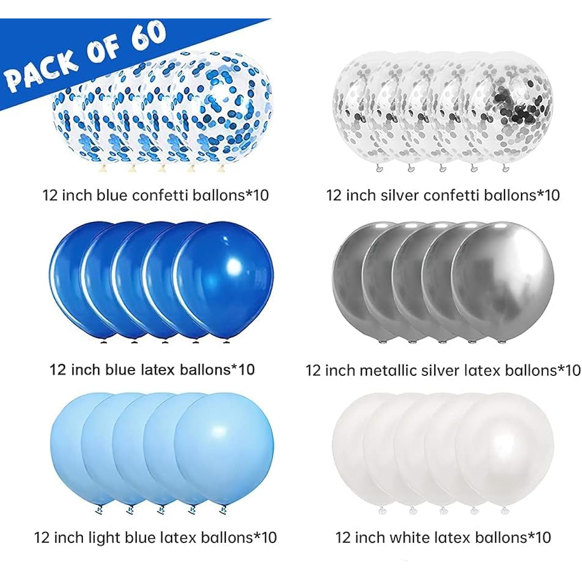 Blue White Silver Balloons Kit, 60pcs Macaron Blue Balloons, Royal Blue, Metallic Silver, White Balloons, Blue and Silver Confetti Balloons for Baby Shower, Wedding, Boys Birthday Party Supplies