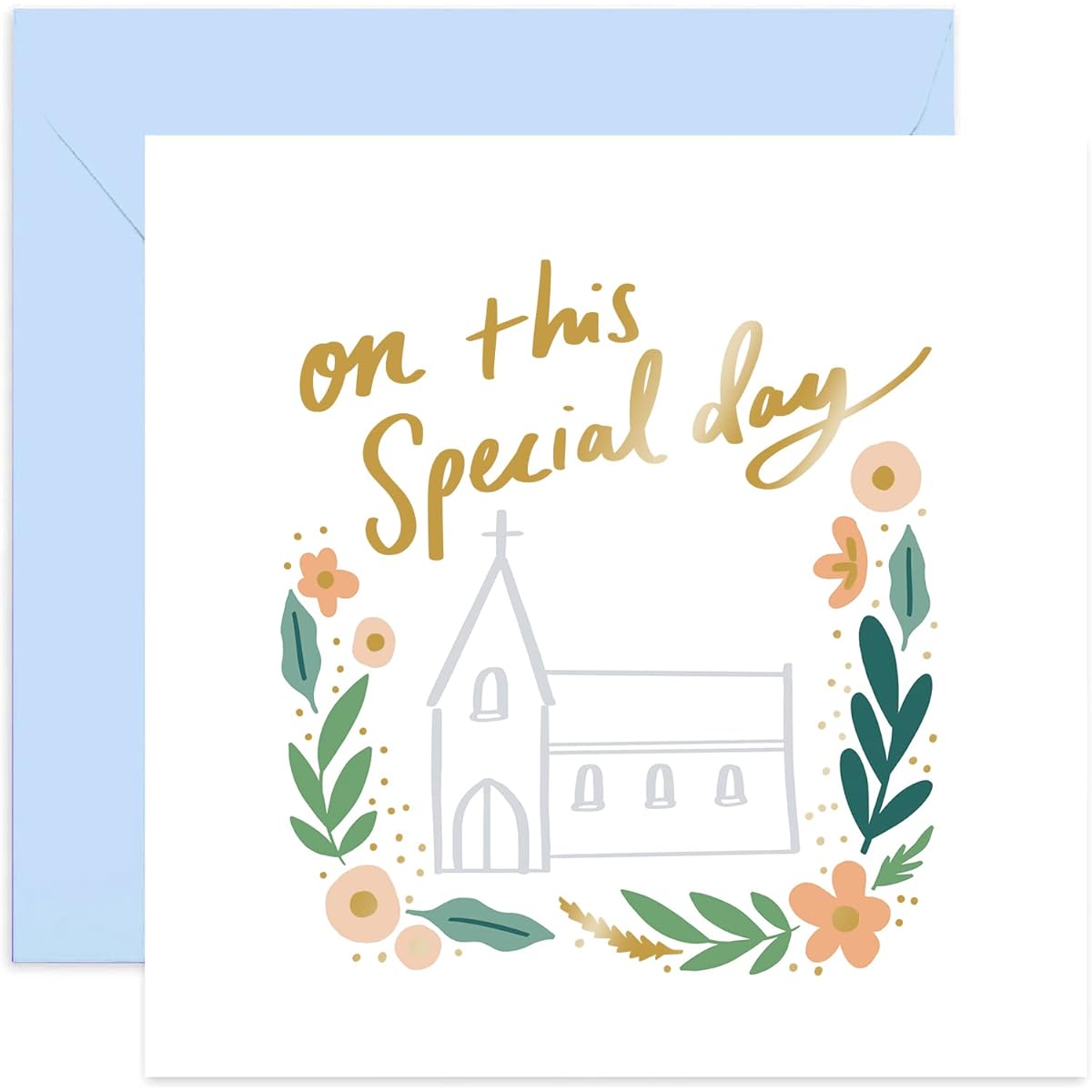 Old English Co. On This Special Day Church Card - Floral Pastel Gold Foil Card for Friends and Family | Wedding Day, Baptism, Communion Gift | Blank Inside & Envelope Included