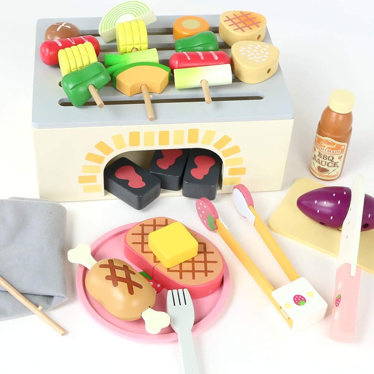 Mother Garden Wooden Toy Barbecue Food 15-piece Cooking Set Educational Toy Made of Wood 623-58388