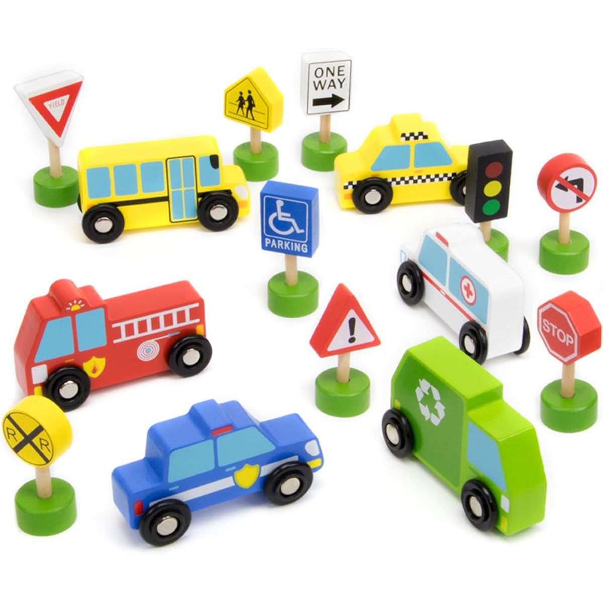 Imagination Generation 15 Piece Busy City Wooden Road Sign & Work Vehicle Playset with Grooved Wooden Storage Box