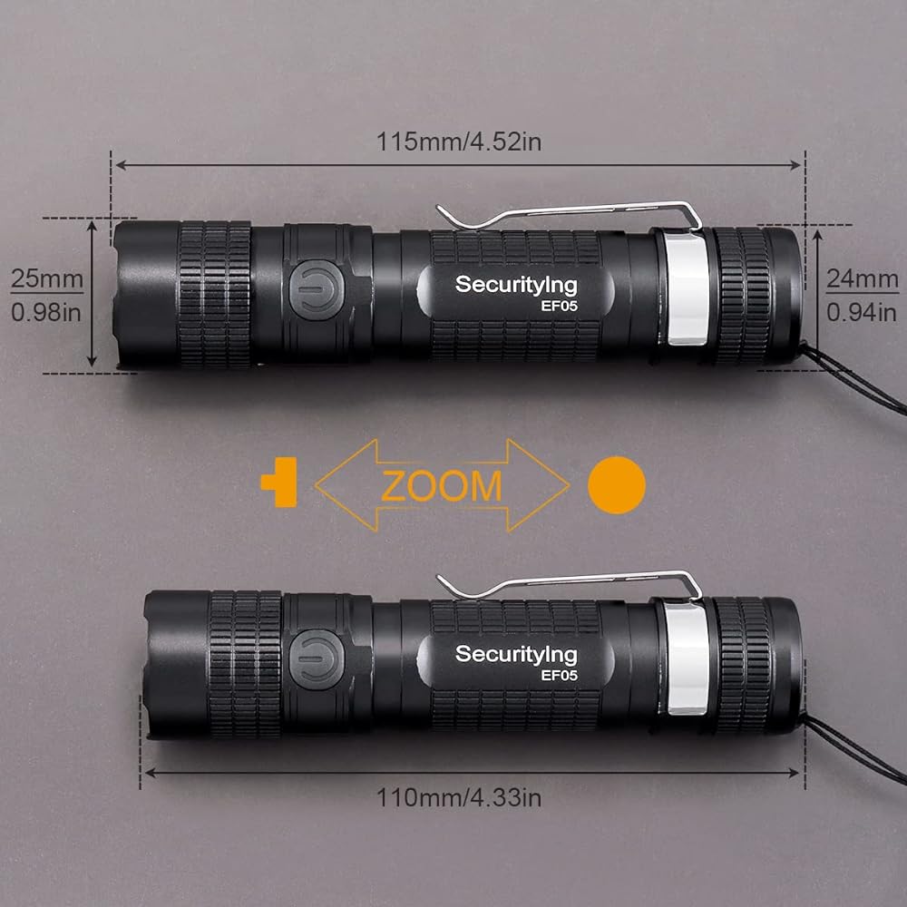 SecurityIng Flashlight, Small, 887 Lumens, Flashlight, Handy Light, Rechargeable, 5 Modes Dimmable Light, Zoom Type, EDC Lantern, Power Indicator, Portable Light, Bright Light, IPX-6 Waterproof,