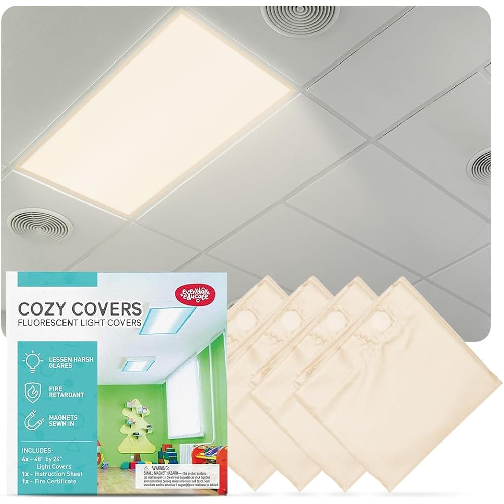 Everyday Educate Fluorescent Light Cover Ceiling Light Classroom Office Light Cover Fluorescent Filter Eliminates Flickering and Glare 48" x 24" (4 Pack) Off-White