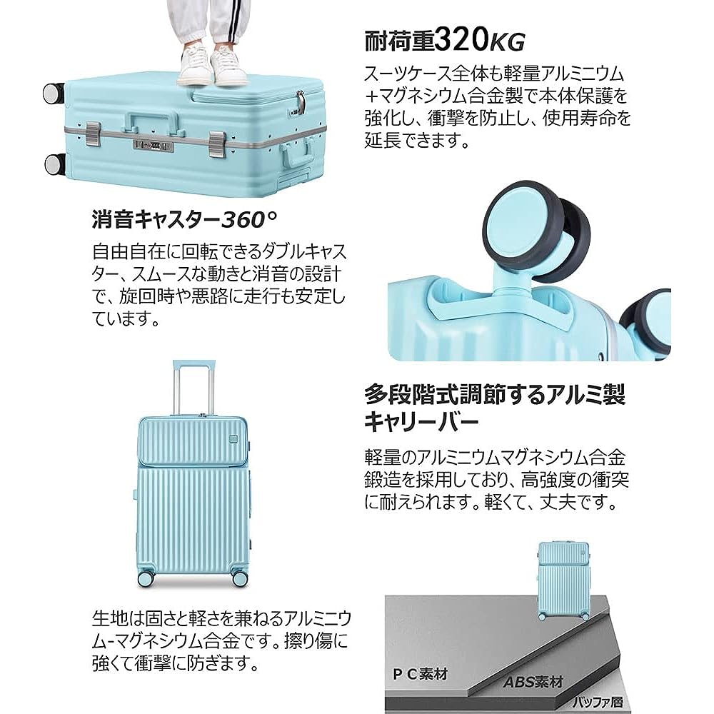 [JOORTI] Suitcase Carry Case Front Open Carry Bag Carry-on Front Pocket Ultra Light Zipper Top Open Multiple Storage Pockets Popular Quiet TSA Lock for Travel Business 688 (S Size (40.5L/Carry-on), Blue)