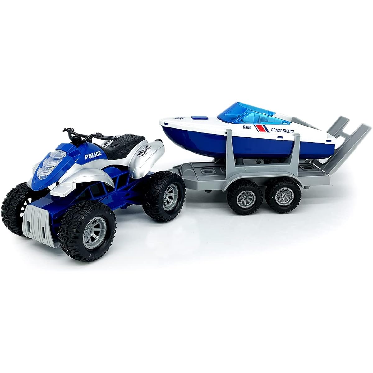 Large ATV Toy Trailer Speed Boat with Tow Flatbed Transport Police Motorcycle Toy Vehicle 2-in-1 Playset Light Sound Toy Truck for Boys 3 4 5 6 7 Years Kids Toddler Birthday Gift Blue