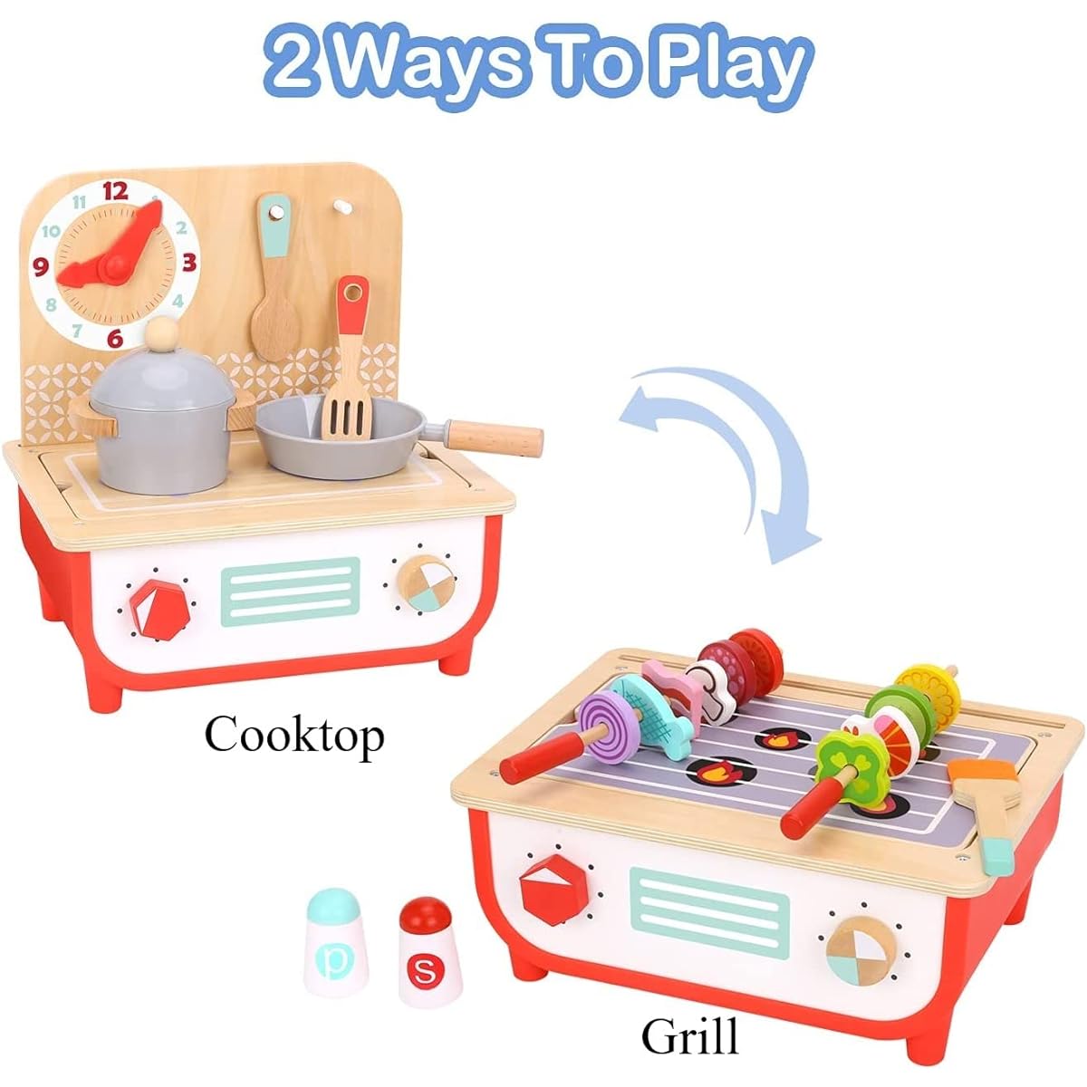 TOOKYLAND Kids Kitchen Playset, BBQ Grill Toy, Multifunctional Wooden Play Kitchen for Toddlers, Kids Play Food Set with Food Molds, Ages 3+
