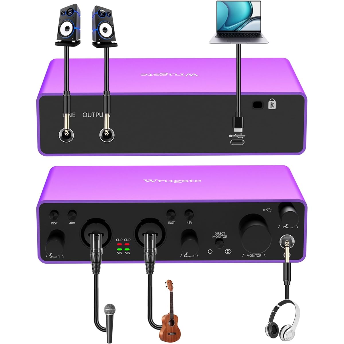 Wrugste(24-bit/192kHz) 2i2 Audio Interface for Podcasting and Streaming Recording Plug & Play Noise-Free XLR Audio Interface Ultra-Low Latency +48V Phantom Power for PC