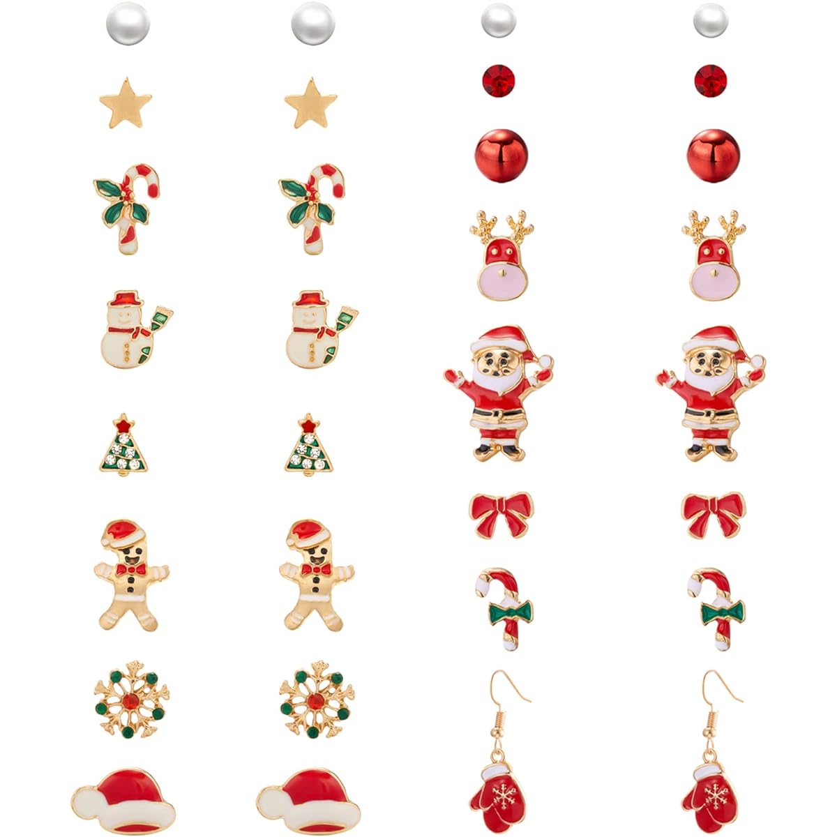 12 Pairs Christmas Stud Earrings for Girls, Christmas Santa Tree Deer Bell Snowman Snowflake Earrings, Christmas Earrings Set for Women