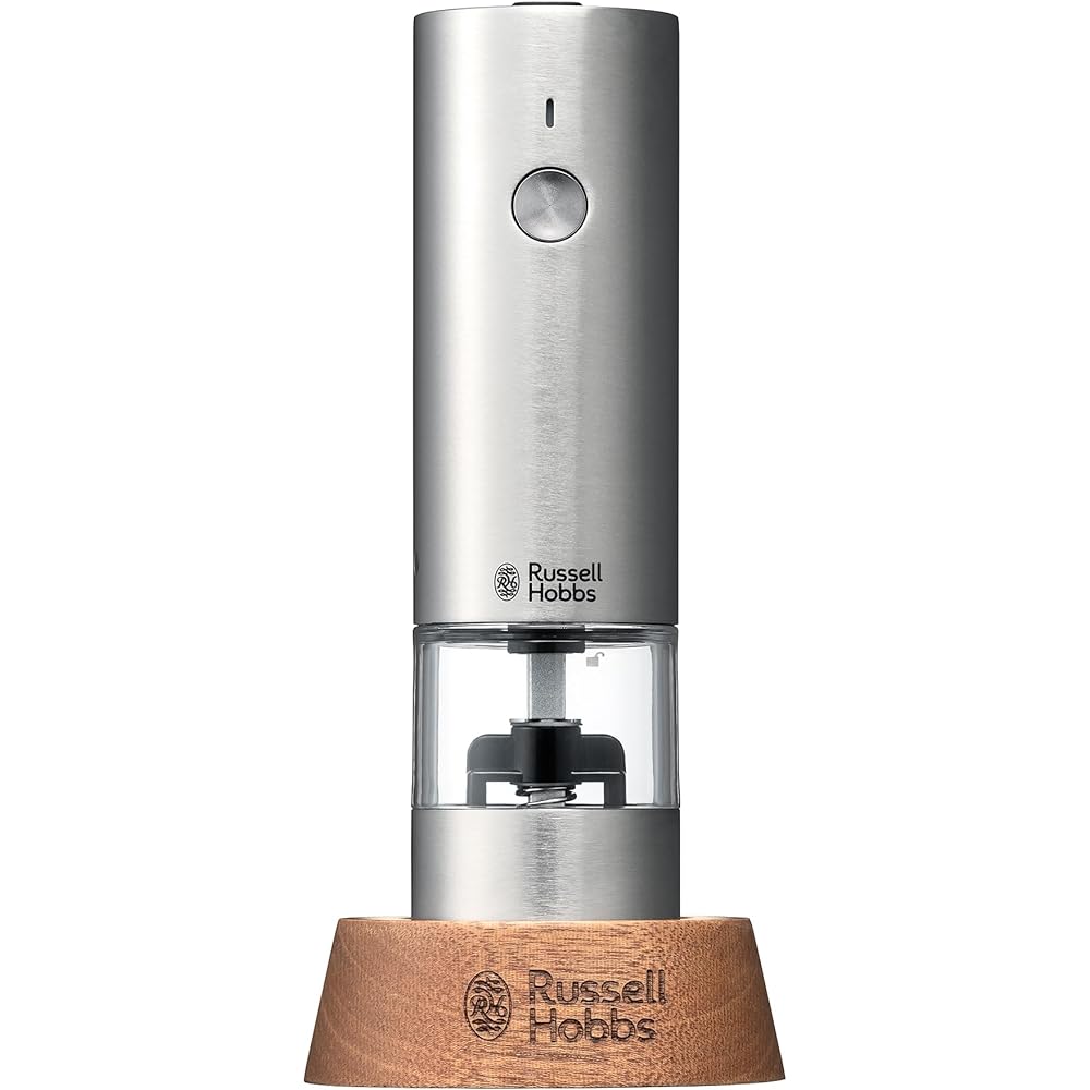 Russell Hobbs Electric Mill Salt & Pepper Rock Salt Pepper Spices Adjustable Coarseness Set of 2 Mini Size Silver 7933JP