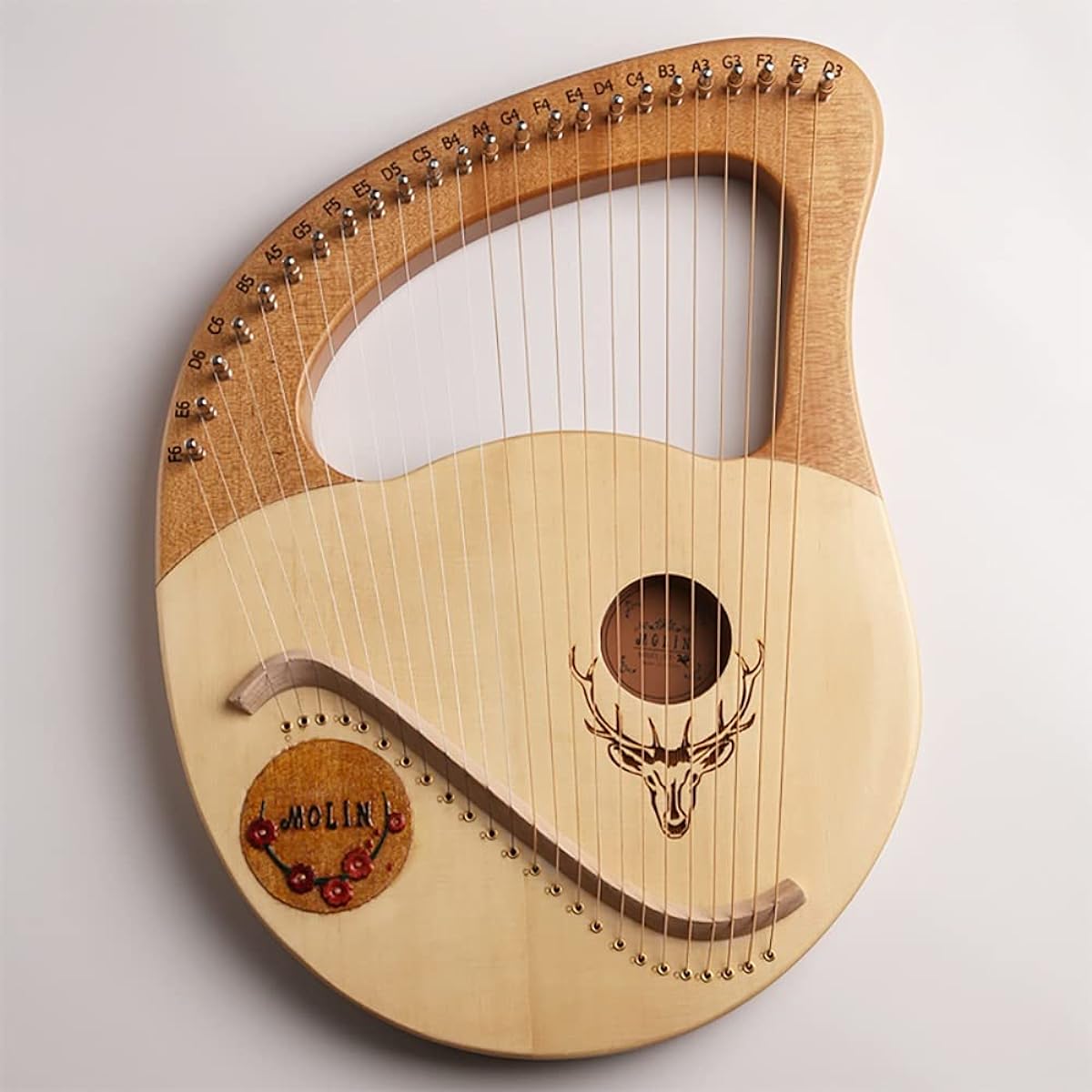 WowZza Stringed Lyre for Adults/Kids, Mahogany Lyre with Durable Gig Bag and Tuning Wrench, Musical Instrument/Burlywood
