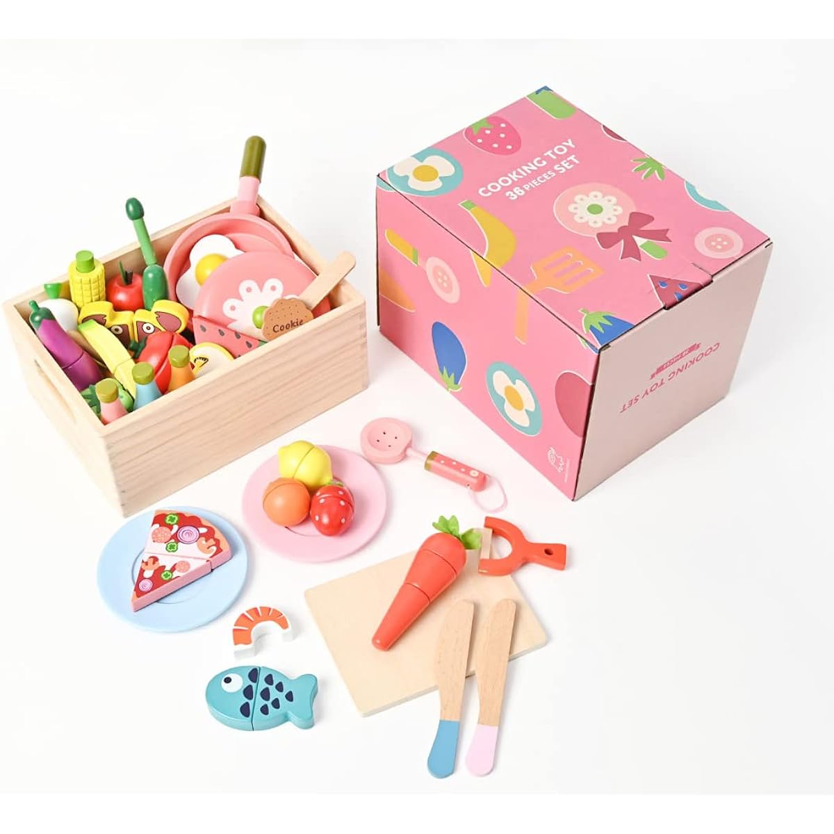 den Pretend Cooking Set, Toys, Educational Toys, Pretend Cooking Set, Magnetic, Food, Parent-Child Play, Natural Wood Material, Indoor Play, Children, Birthday Present, Gift, 36pcs (COOKING TOY SET), CE Mark Safety Standard, Food Sanitation Law Inspected