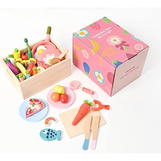 den Pretend Cooking Set, Toys, Educational Toys, Pretend Cooking Set, Magnetic, Food, Parent-Child Play, Natural Wood Material, Indoor Play, Children, Birthday Present, Gift, 36pcs (COOKING TOY SET), CE Mark Safety Standard, Food Sanitation Law Inspected