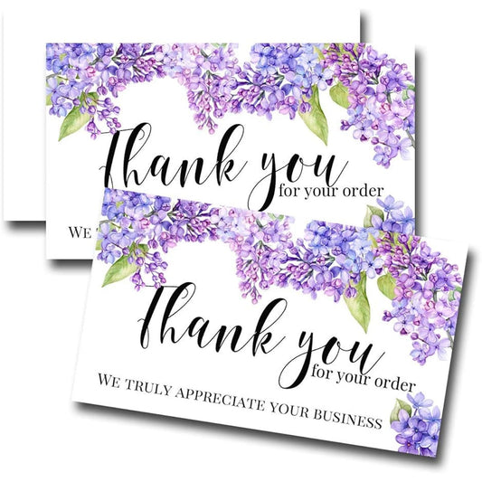 AmandaCreation Beautiful Floral Purple Lilac Thank You Customer Appreciation Package for Small Businesses, 2" x 3.5" Single Sided Insert Cards, 100 Count
