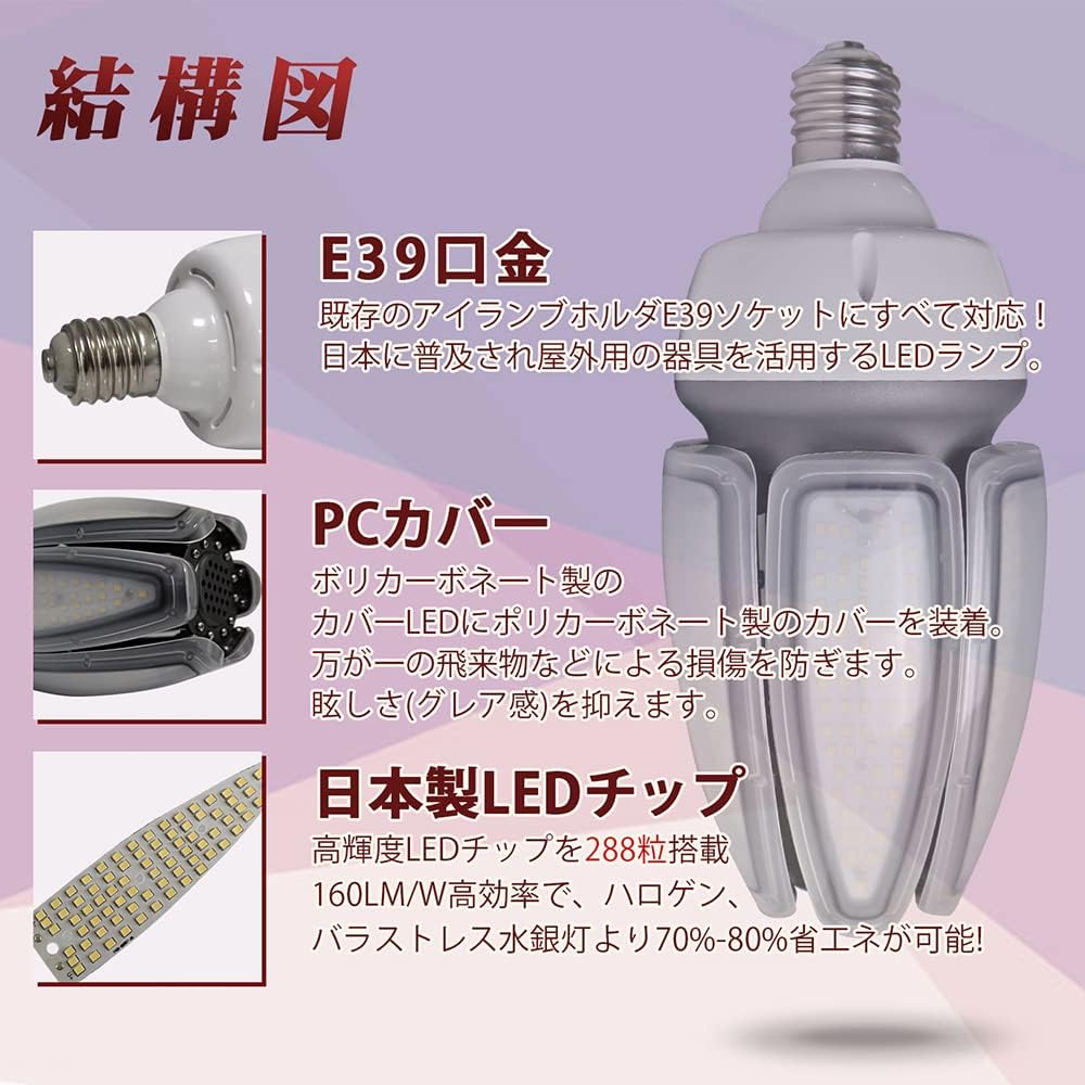 LED Corn Light, 80 W, E39 Base, Corn Shape, 700 W - 800 W Equivalent, 12,800 LM Industry Mercury Lamp, Top Class Brightness, LED Mercury Lamp, Compatible with Sealed Fixtures, Corn Lamp, LED Bulb, LED