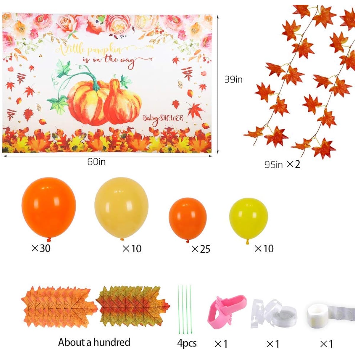 Pumpkin Baby Shower Decorations Party Kit - Pumpkin Backdrop, Party Latex Balloons, Maple Leaf Garland, Fall Leaves Bulk for Thanksgiving Fall Party, Baby Shower, Photo Booth Props