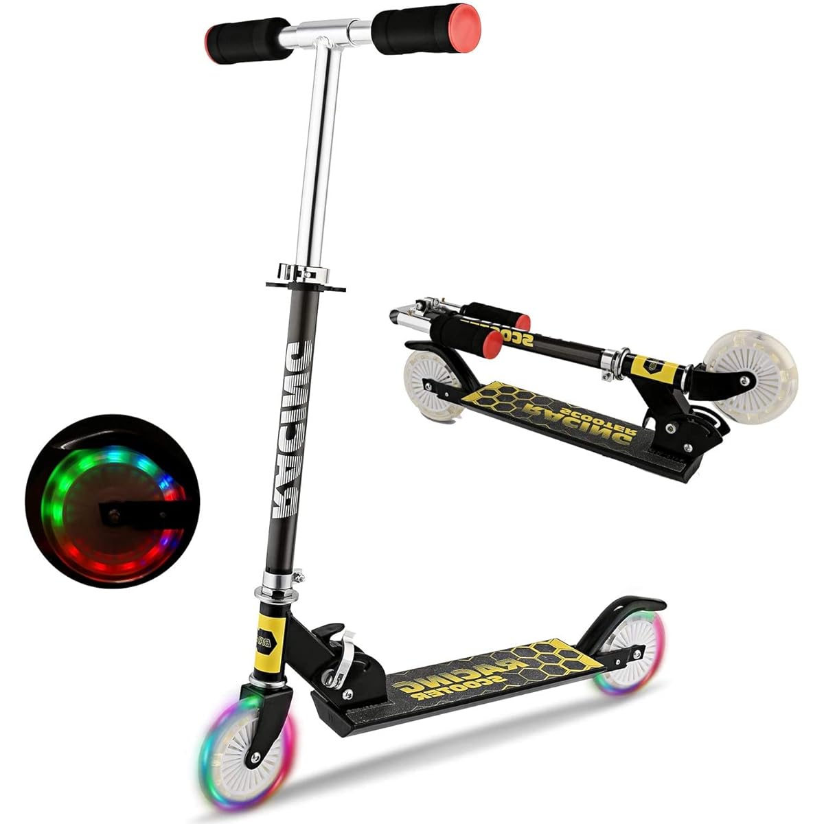 WeSkate B3 Scooter for Kids with LED Light Up Wheels, Adjustable Height Kick Scooter for Boys and Girls, Rear Fender Break | 5lb Lightweight Folding Kids Scooter, 110lb Weight Capacity (Black/B3/FBA)