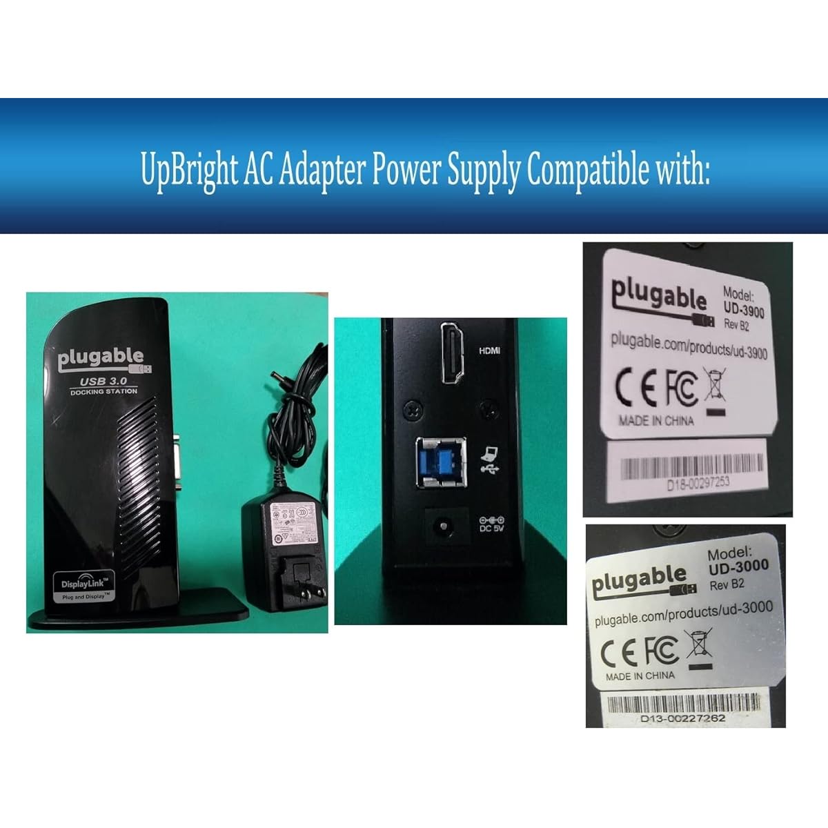 UpBright 5V AC/DC Adapter Pluggable UD-3000 UD-3900 UD-5900 UD3000 UD3900 UD5900 Pro 8 UD-PRO8 USB3.0 Dual Monitor Video Docking Station USB 2.0 10 Port Hub 5VDC 4A Power Charger