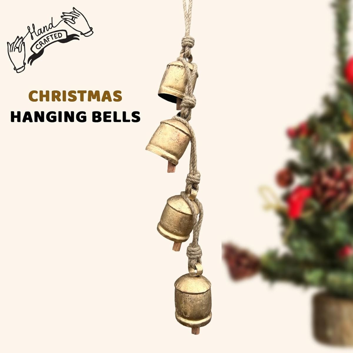 4" Giant Harmony Cowbell Large Vintage Handmade Rustic Lucky Christmas Hanging Bell Rope (Country Rustic, 4" - Large) Set of 4