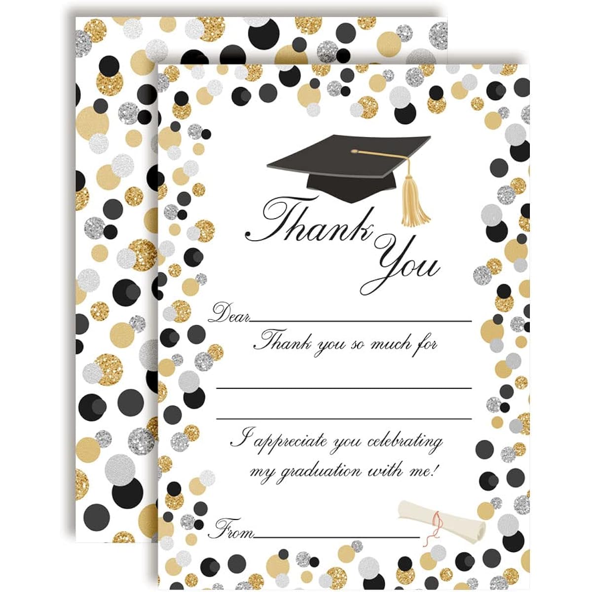 AmandaCreation Confetti Polka Dot Graduation Themed Thank You Notes 10 Sheets 4 x 5.5 Inch Blank Cards with 10 White Envelopes