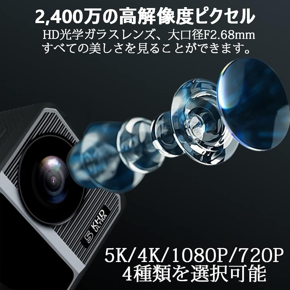 Action Camera, Wireless Microphone Included, 30 Fps, 24 MP, 5K Action Camera, EIS, 6-Axis Image Stabilization, Touch Panel Type, Front/Rear Dual Screen, Action Cam, IPX8, Waterproof, 40M Underwater
