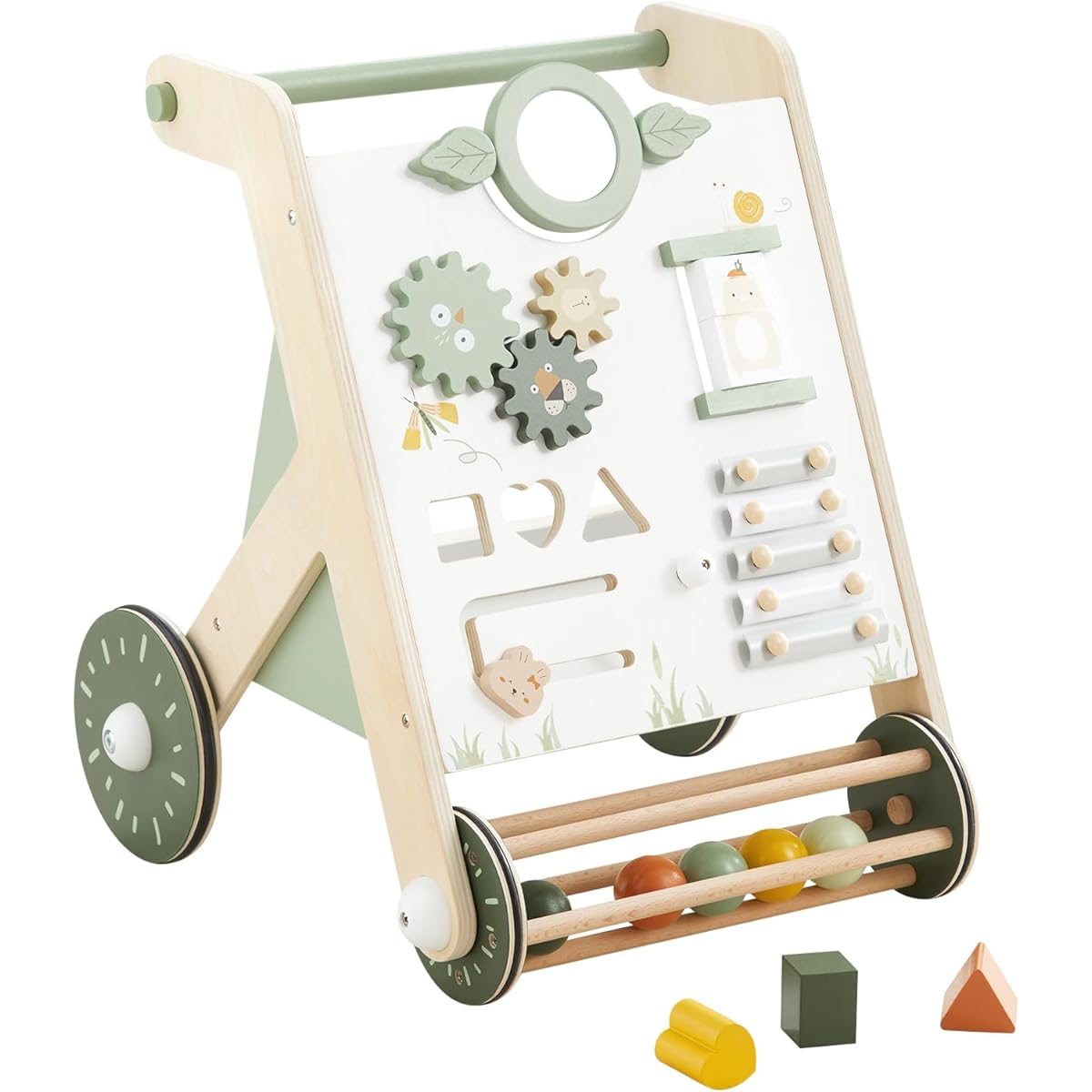 Beright Wooden Baby Walker with Rollers, Push & Pull Learning Activity Walker, Multifunctional Kids Activity Toy, Multiple Activity Center, Develop Motor Skills and Stimulate Creativity, Green