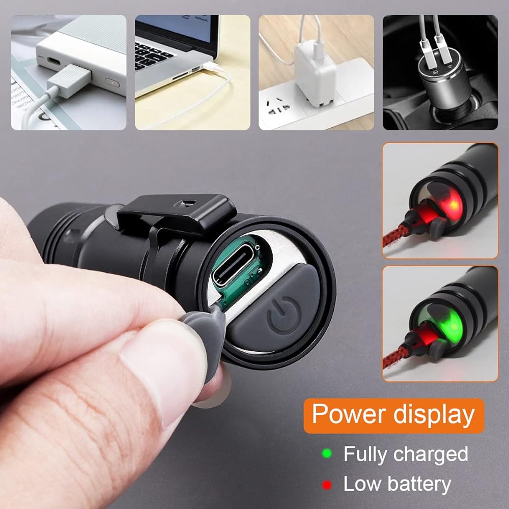 SecurityIng Flashlight, Small Disaster Prevention Type-C Rechargeable LED Light, 800 Lumens, Irradiation Distance 200M, Flashlight, Handy Light, 5 Modes, IPX7 Waterproof Flashlight, Outdoor, Climbing, Camping, Batteries Included