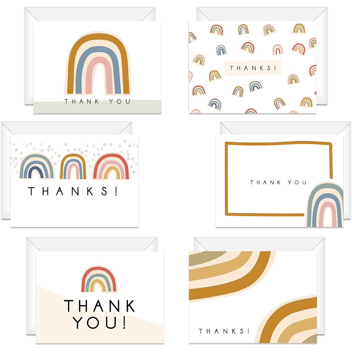 Modern Rainbow Thank You Cards / 24 Baby Shower Birthday Notecards with White Envelopes / 6 Adorable All Occasion Thank You Greeting Card Set Designs / 3 1/2" x 4 7/8" Thank You Cards