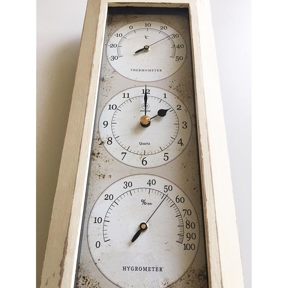 MYS Wall Hanging Clock, Made in Japan, Temperature and Hygrometer Included, Antique Processing, Analog, Handmade, Vertical, Ivory, Antique Clock YT-902