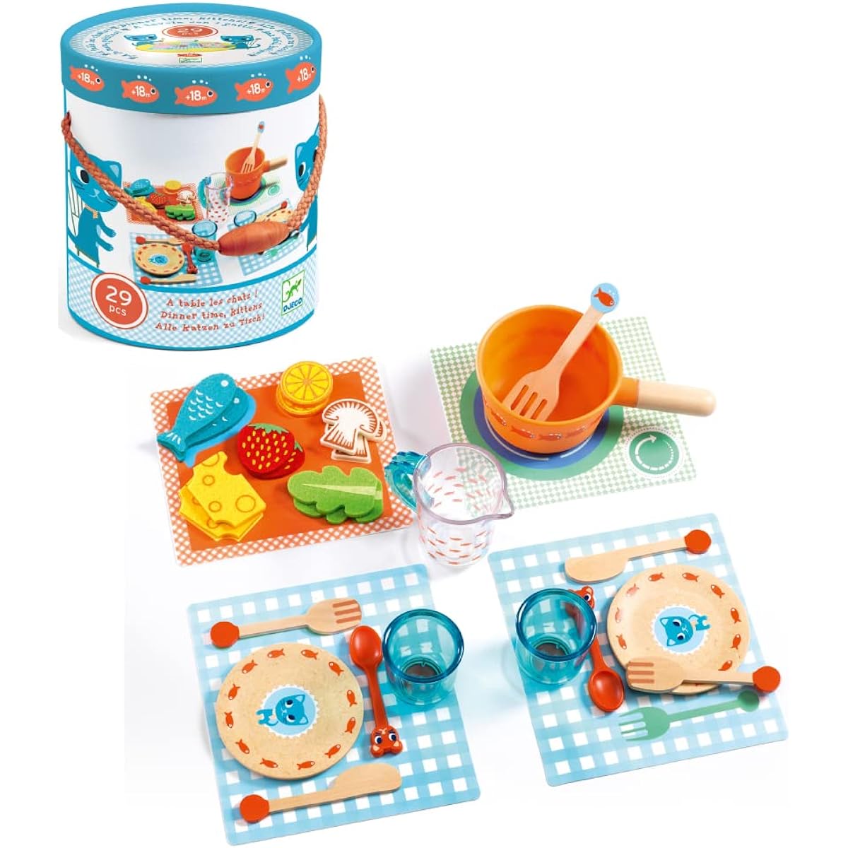 Pretend play set, tableware set, food, plates, meal set, girls, 1 year old, 1.5 year old, educational toys, kitchen set | DJECO Dinnertime Kitten | (DJ06547)