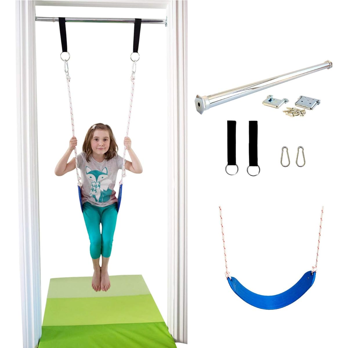 DreamGYM Doorway Belt Swing – Indoor Swing for Kids – Blue