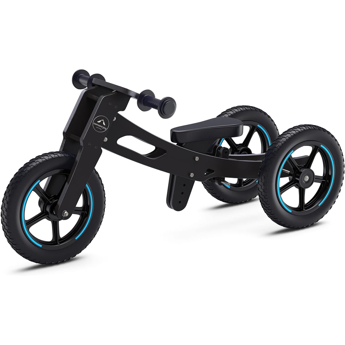 4-in-1 Adjustable Wooden Balance Bike for 18 Months to 5 Years - Converts from Tricycle to Push Bike - Grows with Your Child - No Pedals or Brakes (Blue & Black)