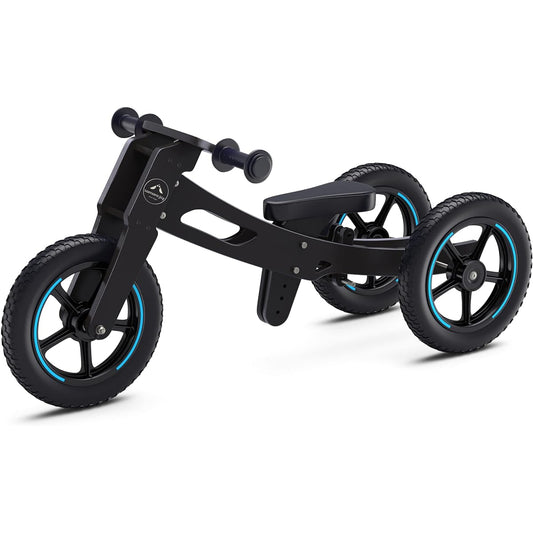 4-in-1 Adjustable Wooden Balance Bike for 18 Months to 5 Years - Converts from Tricycle to Push Bike - Grows with Your Child - No Pedals or Brakes (Blue & Black)
