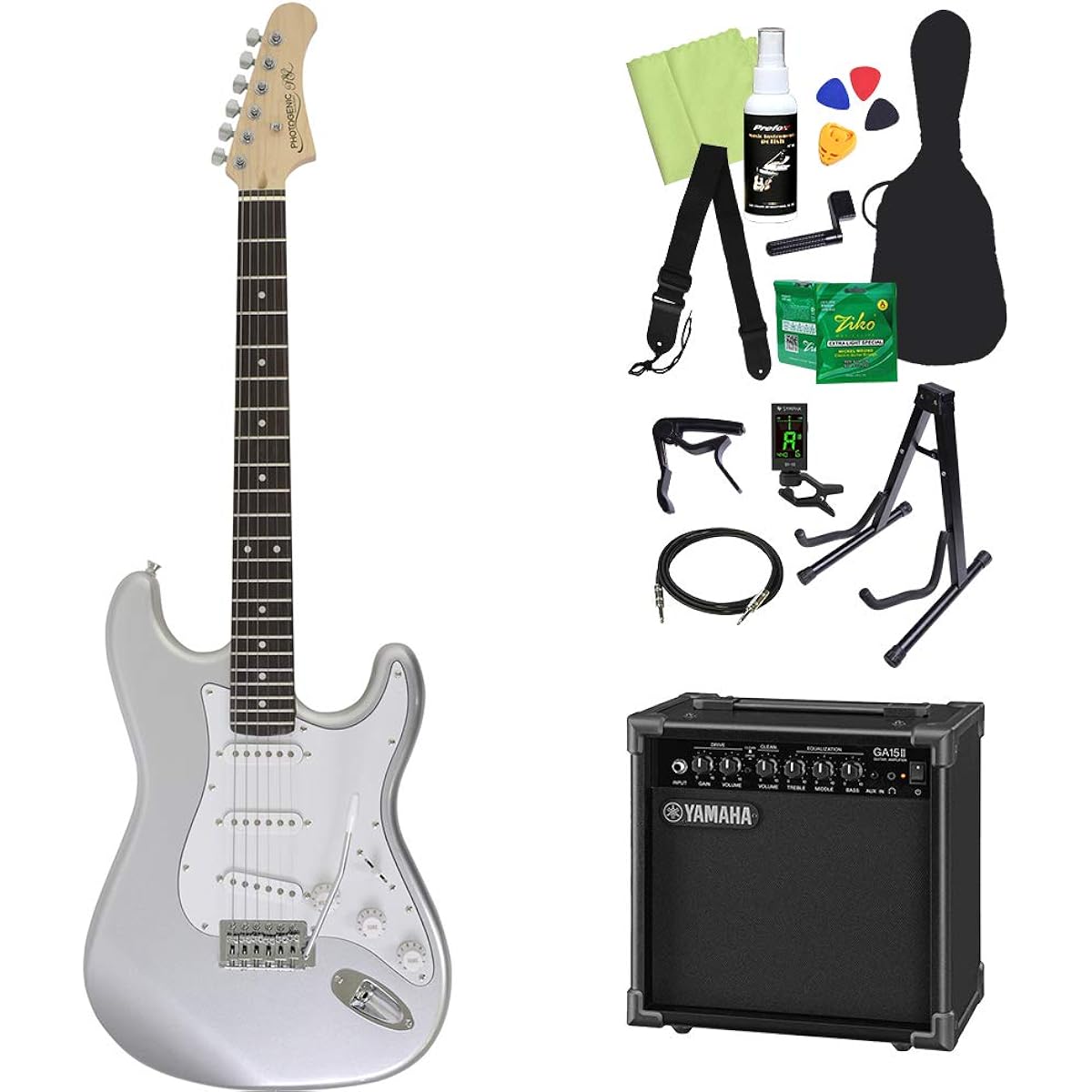 Photogenic ST-180 SV Electric Guitar Beginner 14-piece Set [Includes GA15II] Stratocaster Type Silver Photogenic