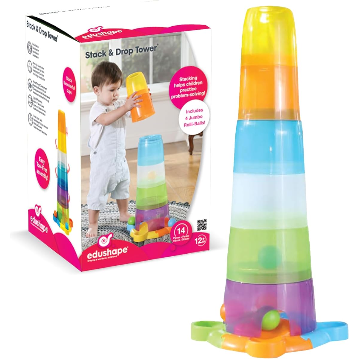 Edushape 14 Piece Baby Stacking Toy Set - Stack & Drop Tower Toddler Stacking Toys for STEM Educational Learning - Colorful Baby Stacking Cups & Balls for Cause and Effect Play for Babies, Toddlers, and Kids