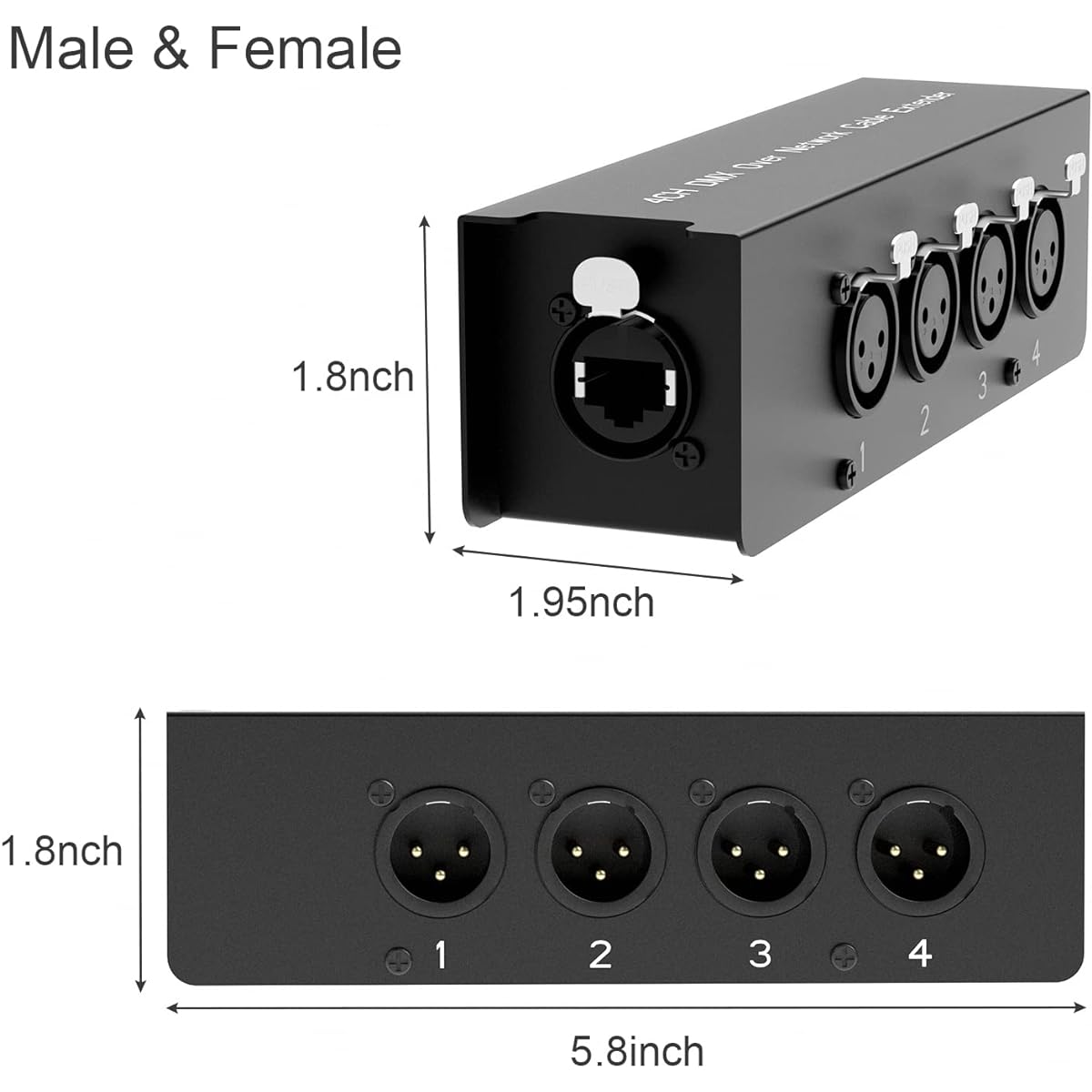 Dingsun 4 Channel 3 Pin XLR Male and Female to Ethernet Cable Extender, DMX over Network Cable Extender, RJ45 Cat5/Cat6 Ethercon Cable Extension, Compact Snake Receiver, XLR, AES (One Pair)