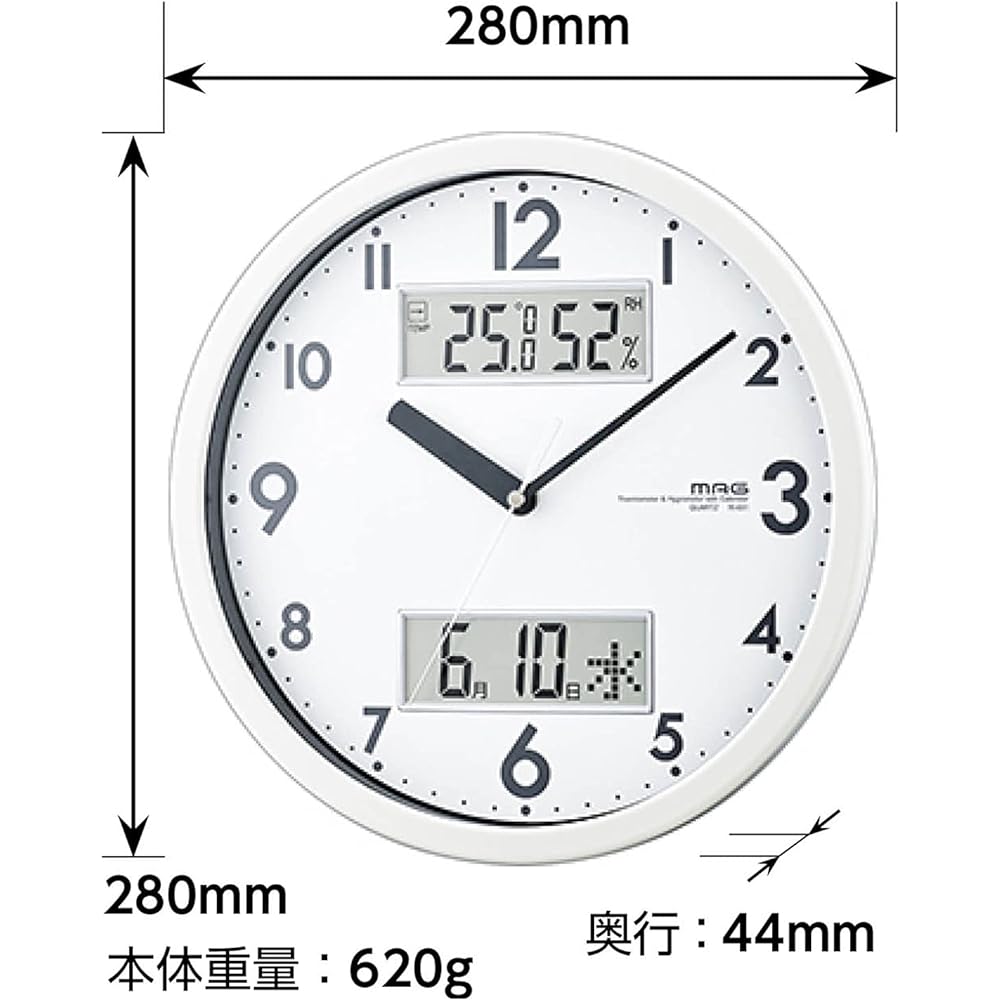 MAG Wall Clock Analog Double Measure Silent Continuous Second Hand Temperature Humidity Date Day of the Week Display White W-631WH