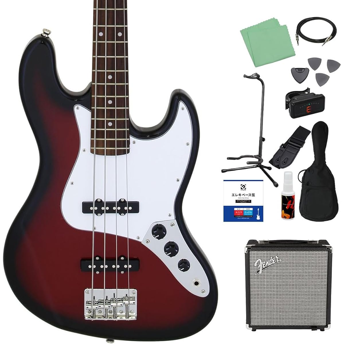 LEGEND LJB-Z Red Black Sunburst Bass Beginner 12-piece Set [Fender Amplifier Included] Jazz Bass Type Legend