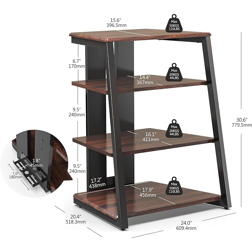FITUEYES Audio Rack Interior Trapezoid Woodgrain Finish Shelf AV Rack Steel Frame Back Wiring Pitch Adjustable Walnut + Black F07F4061L