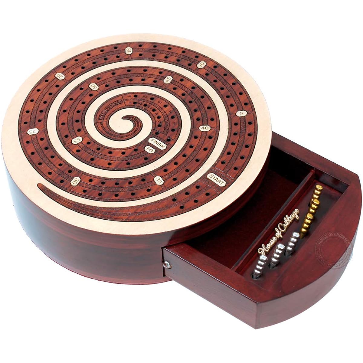 House of Cribbage - Spiral Shape 2 Track Non-Continuous Cribbage Board - Push Drawer Storage for Pegs with 1 Deck of Cards and Score Marking Field for Winning Games (Maplewood/Bloodwood)