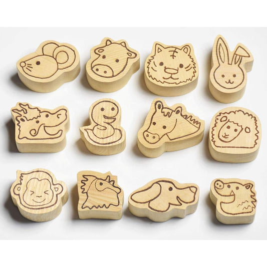 Aomori Hiba Wooden Toys, Zodiac, 12 Pieces, Drawstring Bag Type, Educational Toy, Building Blocks, Wooden, Unpainted, Bath Toy, Aomori Hiba, Natural Wood, Solid Wood, Made in Japan