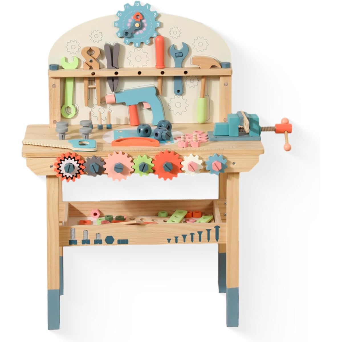 WoodenEdu Wooden Power Tool Workbench for Kids Assembly Tool Set Pretend Play Toys Construction Workbench with Wrench, Screwdriver, Miter Saw, Hammer