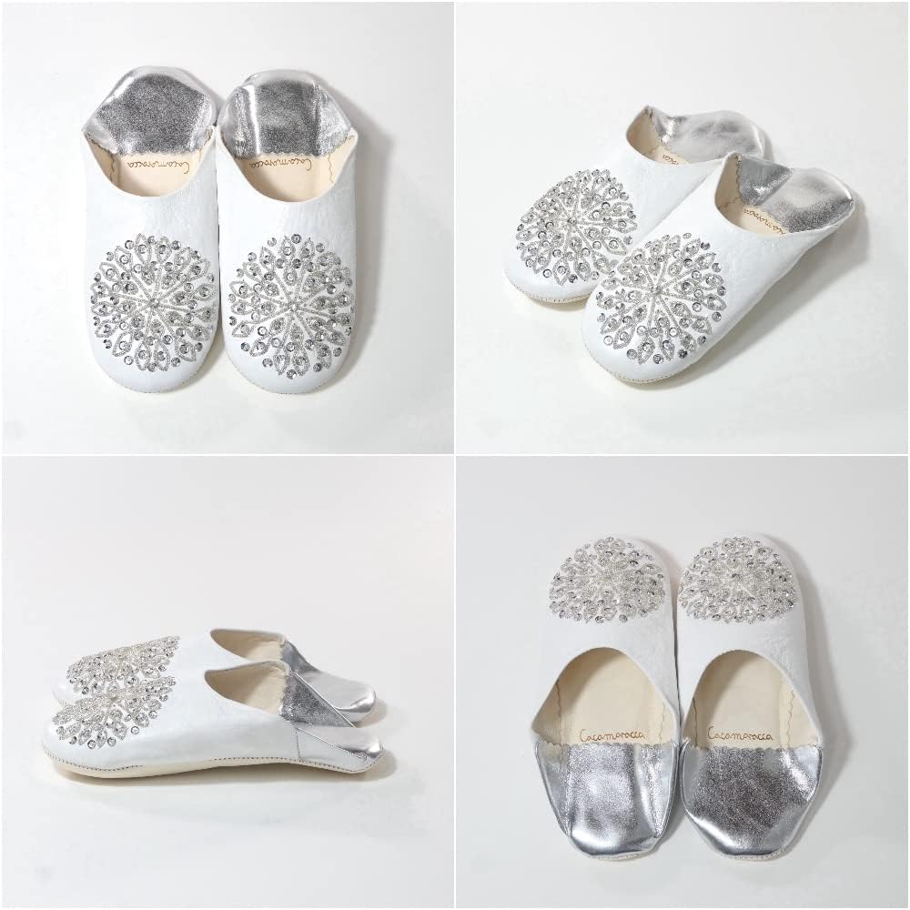 [cocomorocco] Odorless Leather Babouche Slippers Moroccan White x Silver (Silver Sequins) Room Shoes Coco Morocco Mother's Day Gift